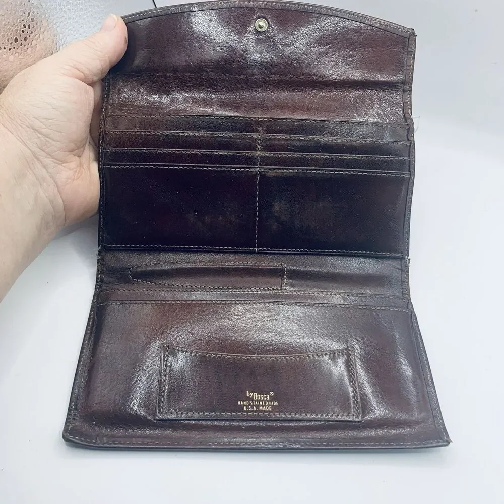 BOSCA Brown Hand Stained Hide Tri Fold ID Card Wallet Multi Card Coin Pocket